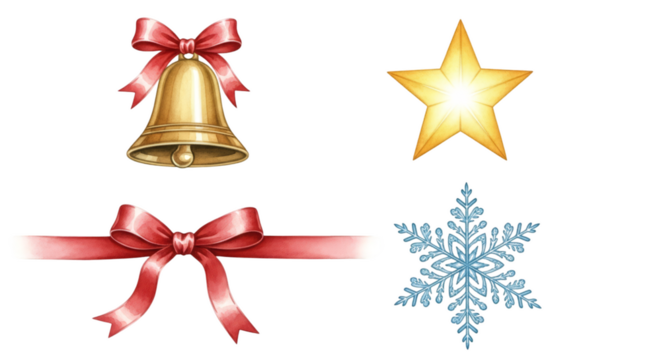Christmas and Holiday Decorations Collection with Bell Bow Star and Snowflake. - Powered by Adobe
