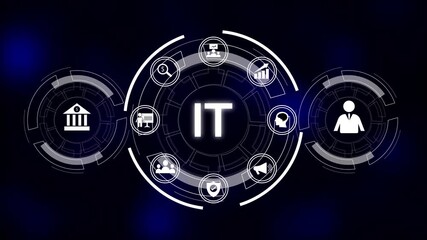 Abstract digital it technology concept with icons representing finance teamwork analysis strategy. Technology fuels digital business growth. Technology supports modern global solutions. - Powered by Adobe