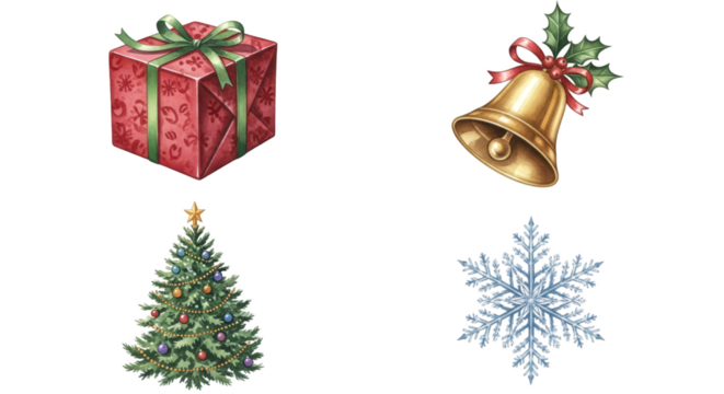 Watercolor collection of Christmas holiday symbols gift bell tree and snowflake.