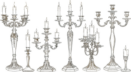 Vintage candle holders collection, ornate metal candelabras, classical decor, lit wax candles, elegant antique design, interior styling inspiration, historical ambiance