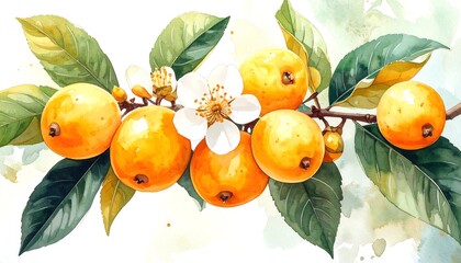 Vibrant Watercolor Painting of Ripe Loquats on a Branch.