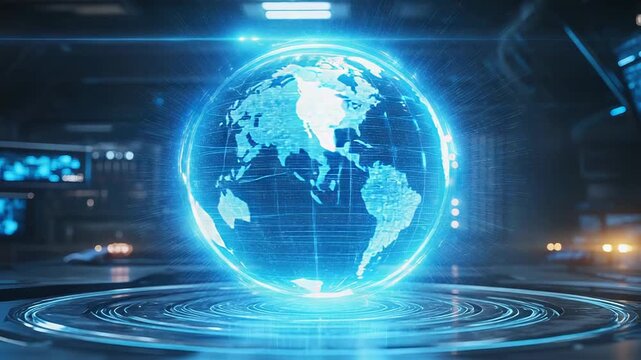 Holographic earth globe displaying global network connections - Powered by Adobe