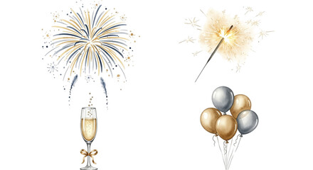 Festive Celebration Elements Including Fireworks Champagne and Balloons.