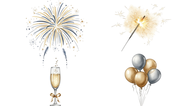 Festive Celebration Elements Including Fireworks Champagne and Balloons.