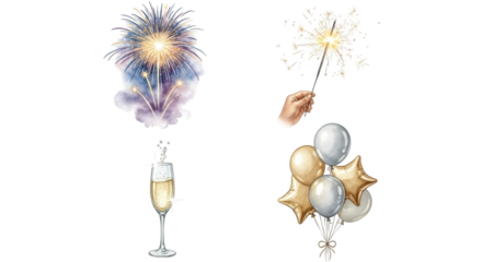 Festive Celebration: Fireworks Sparkler Champagne and Balloons for a Joyful Occasion.