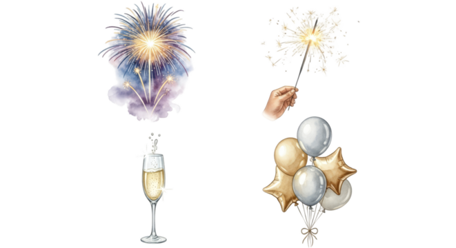 Festive Celebration: Fireworks Sparkler Champagne and Balloons for a Joyful Occasion.