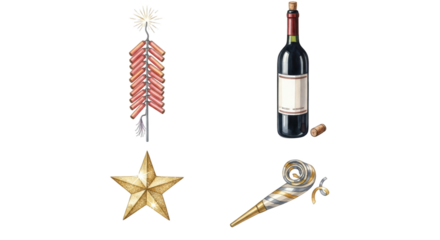 Festive celebration essentials featuring fireworks wine star and party favor.