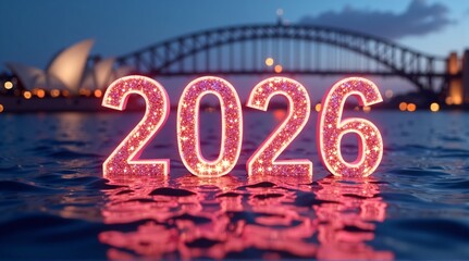 Vibrant '2026' glows on water, marking a global Happy New Year celebration. Festivities shine bright, from China to Hong Kong and worldwide.