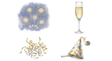 Celebratory New Years Eve Party Elements with Fireworks and Champagne.