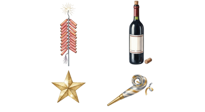 Festive celebration essentials featuring fireworks wine star and party favor.