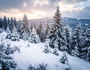 Fototapeta premium A snow-covered forest with evergreen trees and mountains in the background under a cloudy, bright sky
