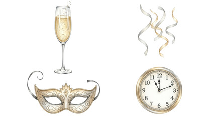 New Years Eve Celebration Elements: Champagne Mask Streamers and Clock.
