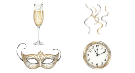 New Years Eve Celebration Elements: Champagne Mask Streamers and Clock.