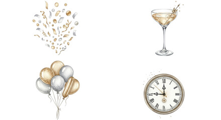 Festive New Years Eve Celebration Elements with Champagne and Clock.