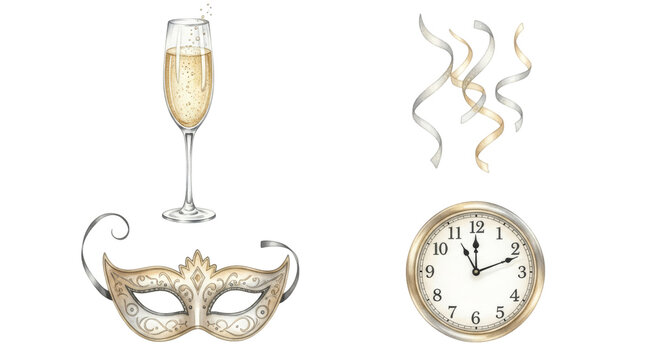 New Years Eve Celebration Elements: Champagne Mask Streamers and Clock.