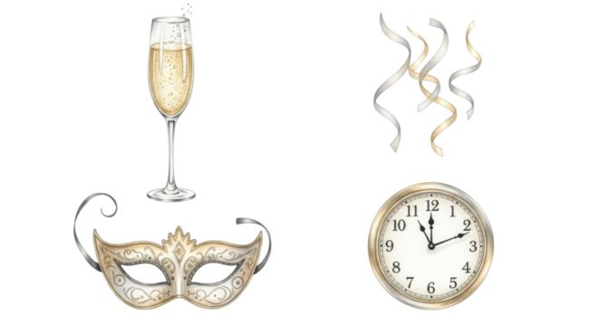 New Years Eve Celebration Elements: Champagne Mask Streamers and Clock.