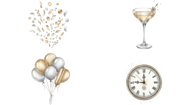 Festive New Years Eve Celebration Elements with Champagne and Clock.