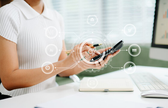 Coding software developer work with augmented reality dashboard computer icons with responsive cybersecurity.