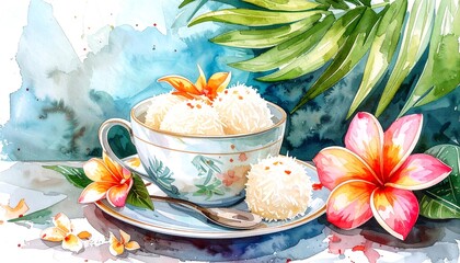 Watercolor Dessert Still Life with Tropical Flowers and Greenery.