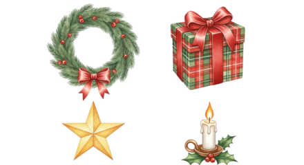 Festive Christmas Decorations: Wreath Gift Star and Candle.
