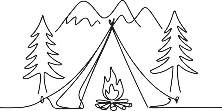 Continuous Line Art Illustration of Tent Campfire Trees and Mountains
