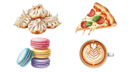 Delicious food and drinks assortment including dumplings pizza macarons and coffee.