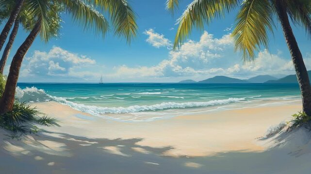 A beautiful beach with palm trees and a clear blue sky. The water is calm and the waves are small. A vibrant tropical beach background with crystal-clear water