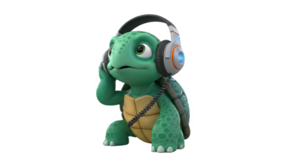 Cartoon Turtle Wearing Headphones, Isolated on White