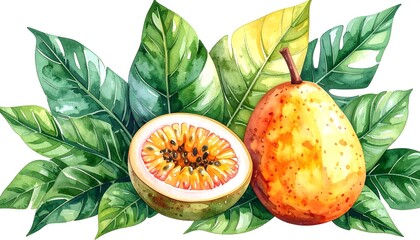 Watercolor illustration of fresh passion fruit with vibrant green leaves, showcasing tropical essence and natural beauty.