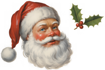 Vintage style santa claus portrait with holly christmas festive artwork