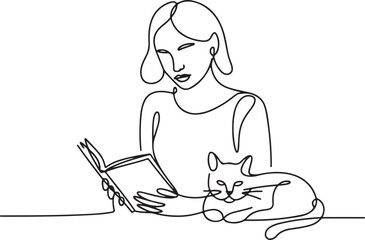 Continuous Line Art Illustration of Woman Reading with Cat Beside Her