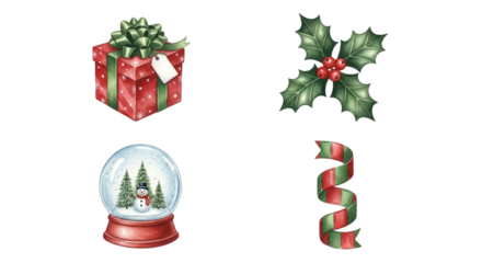 Christmas Holiday Decorations Festive Gift Holly Snow Globe Ribbon.