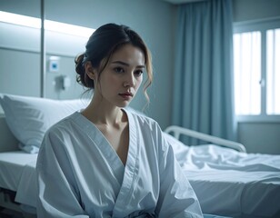 A thoughtful woman in a hospital gown sits on the edge of a bed, looking down with a concerned expression. A hospital room
