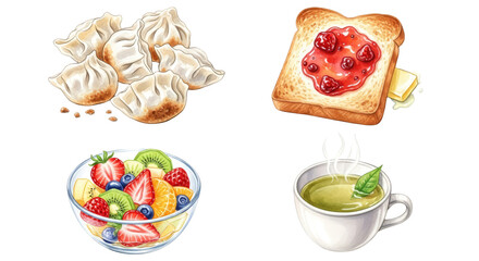 Delicious Breakfast Spread with Dumplings Fruit Salad Toast and Tea.