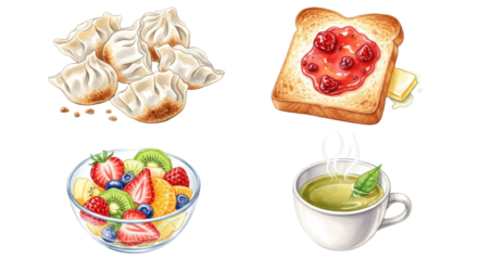 Delicious Breakfast Spread with Dumplings Fruit Salad Toast and Tea.