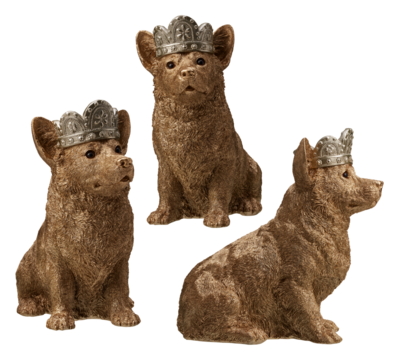 Small dog doll wearing a silver or gray crown on its head at an angle cut out isolated transparent background