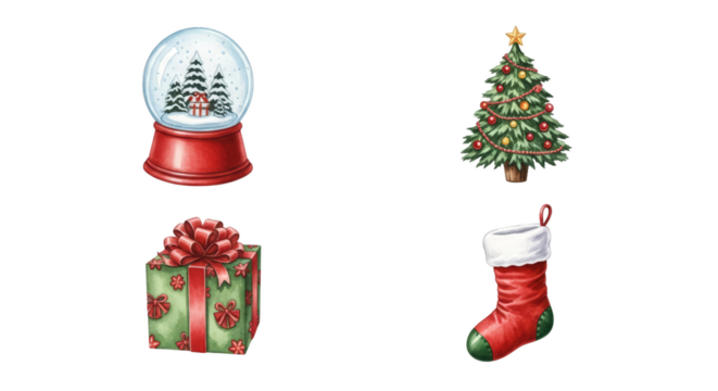 Christmas Holiday Decorations Collection with Snow Globe Tree Gift and Stocking.