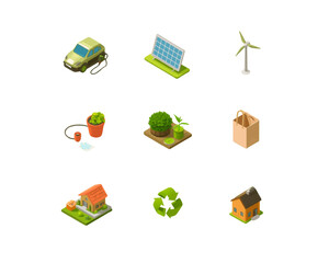 3D Eco and Renewable Energy Icons Set – Sustainability, Green Environment, Recycling Symbols on transparent background