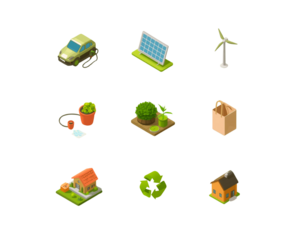 3D Eco and Renewable Energy Icons Set – Sustainability, Green Environment, Recycling Symbols on transparent background