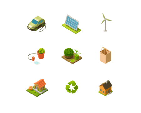 3D Eco and Renewable Energy Icons Set – Sustainability, Green Environment, Recycling Symbols on transparent background