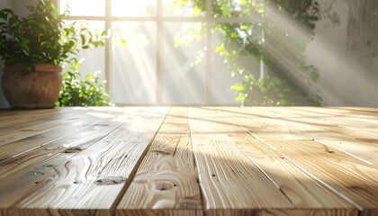 Wooden Table with Sunlight and Greenery.