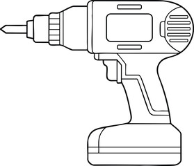 Cordless screwdriver outline illustration for diy, repair, and mechanical tool design in simple line art style