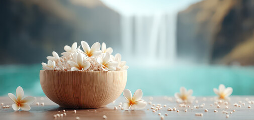 Serene spa setting featuring wooden bowl filled with delicate white flowers, symbolizing wellness and relaxation. backdrop showcases tranquil waterfall, enhancing atmosphere of therapy and peace