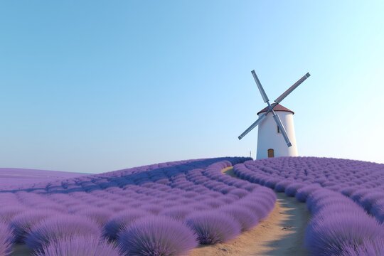 Lavender fields stretch under clear blue sky, white windmill stands atop hillside, serene countryside scene. - Powered by Adobe