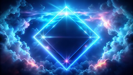 A glowing neon diamond floating amidst fluffy clouds, radiating a sense of futuristic technology and ethereal beauty in a dreamlike atmosphere