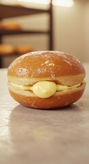 Sweet glazed pastry filled with creamy yellow filling rests on a reflective surface