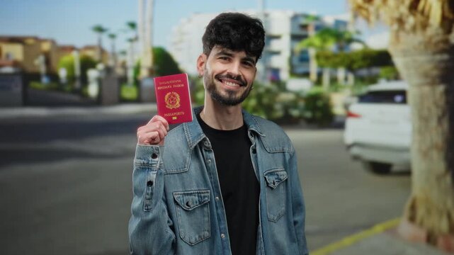 Confident man holding italian passport smiles on urban street with palm trees and buildings under blue sky.