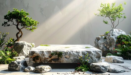 Zen Garden Stone Platform - Serene Product Display with Bonsai Trees.