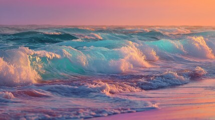 Serene Ocean Waves at Sunset with Pink and Turquoise Hues