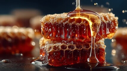 Close-up of honeycomb dripping with golden honey